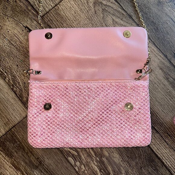 Bamboo Woven Pink Rectangle Fold Over Crossbody Bag - Picture 6 of 13